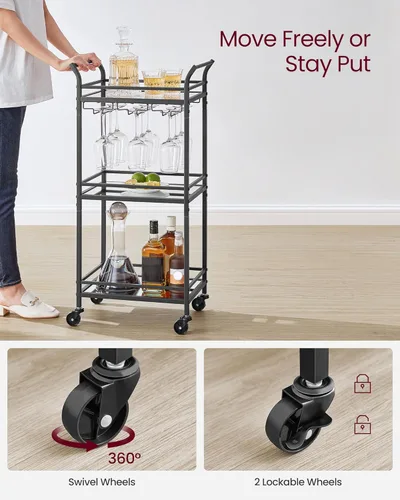 Miniatura 7 de VASAGLE Carrito de Bar, Carrito de Servicio de Bar para el Hogar, Carrito de Servicio de Bar Pequeño con Estante de 3 Niveles, Soportes para Vino