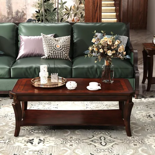 Miniatura 12 de Mesa de centro de madera maciza con estante de almacenamiento, mesa de centro rectangular moderna de mediados de siglo para sala de estar, mesa
