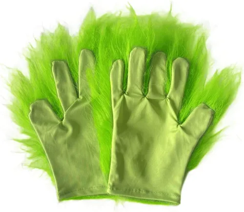 Miniatura 6 de Hefnoya Guantes de felpa de monstruo verde para adultos y niños, disfraz de Papá Noel de Navidad, accesorios de máscara de manos verdes, Guantes
