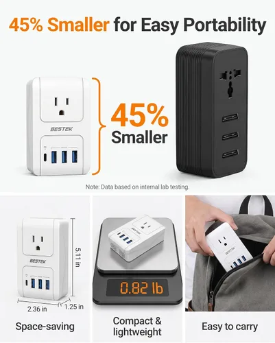 Miniatura 8 de BESTEK Adaptador de viaje universal, adaptador de corriente internacional con 1 tomacorrientes, 4 puertos de carga USB (1 USB C PD 35W), enchufes