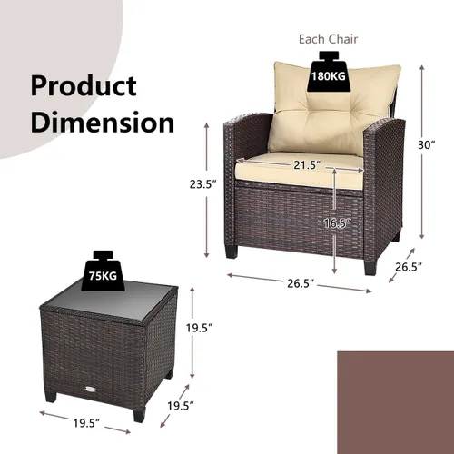 Miniatura 6 de Juego de muebles de mimbre para patio, juego de sofá para exteriores con cojín resistente al agua y mesa de vidrio templado, color marrón