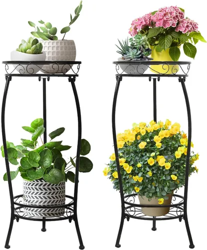 Paquete de 2 soportes para plantas para interiores y exteriores, 2 niveles de 27 pulgadas de alto, soporte de metal para macetas, soporte resistente