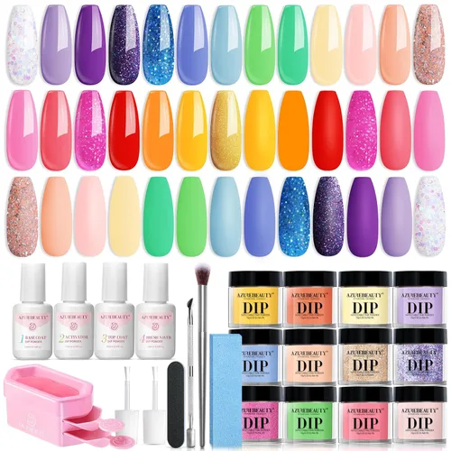 Miniatura 17 de AzureBeauty Kit de iniciación de polvo de inmersión para uñas, color azul, rojo, verde, purpurina, 31 piezas, 20 colores, polvo de inmersión