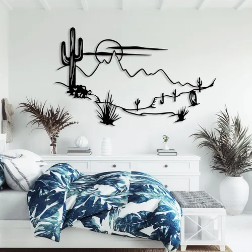Cadeali Arte de pared de metal de paisaje del desierto, decoración de pared de cactus de metal, decoración de pared del desierto bohemio, arte de