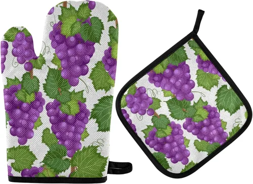 Miniatura 6 de Manoplas y manoplas de horno con textura retro, hojas de uva, antideslizantes, resistentes al calor, juego de manoplas para horno y soportes
