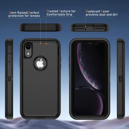 Miniatura 4 de Jshru para iPhone XR Funda con [2 Pack] Protector de Pantalla HD, [Grado Militar] 3-en-1 Resistente Protector de Cuerpo Completo a Prueba de Negro