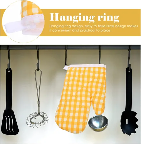 Miniatura 3 de 2 guantes de horno para niños para jugar a la cocina, guantes para horno de microondas, guantes de cocina para hornear, a cuadros amarillos
