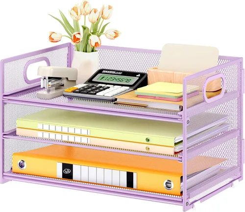 Miniatura 16 de SUBEKYU 2 paquetes de organizador de bandejas de cartas de 3 niveles para escritorio, organizador clasificador de archivos de malla metálica negra