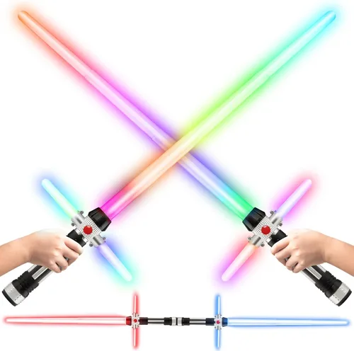 USA Toyz Crossbeam Galaxy - Espada iluminada para niños o adultos, juego de espadas de doble luz 2 en 1 con sonido FX, 6 LED que cambian de color,