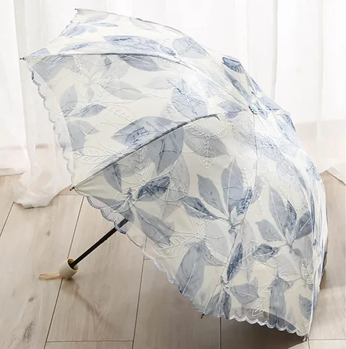 Miniatura 2 de URAWESO Parasol bordado encaje protección UV hoja impresa paraguas plegable para playa, viajes, boda, fiesta, decoración sesión de fotos