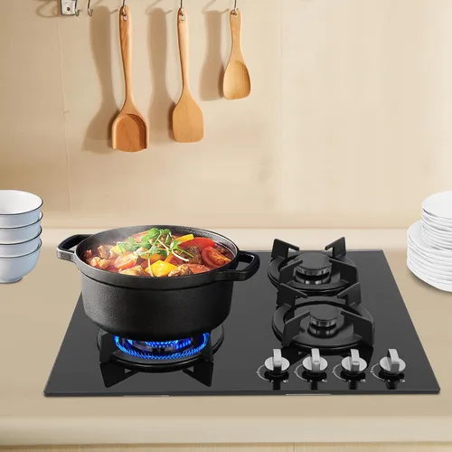 Miniatura 2 de Cocina de gas de 4 quemadores con superficie de vidrio templado para cocina, apartamento o uso comercial, convertible a NG/LPG, 23.23 x 20.08