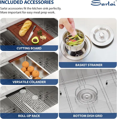 Miniatura 5 de Sarlai 28 Fregadero de cocina bajo encimera de doble tazón - Fregadero bajo encimera de acero inoxidable de 28x19 pulgadas de calibre 16, con repisa