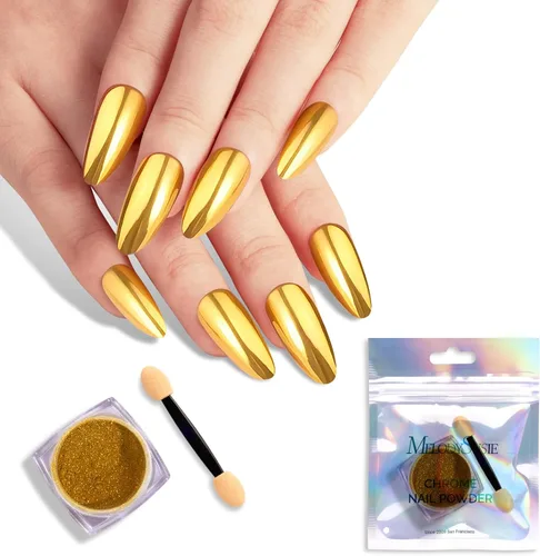 Miniatura 20 de MelodySusie Polvo para Uñas Oro Champán con Efecto Cromo para Uñas de Gel, Pigmento Metálico con Efecto Espejo, Purpurina Fina Elegante