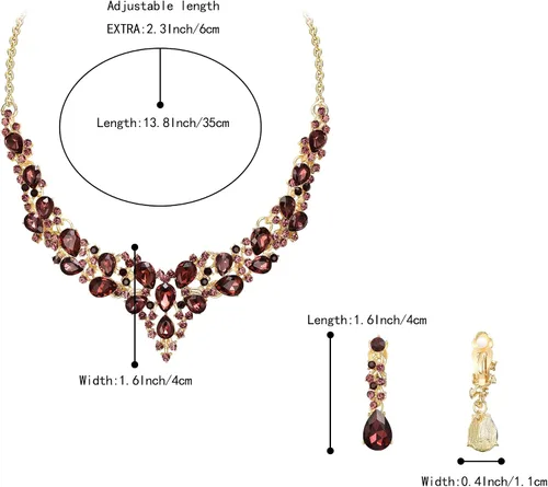 Miniatura 3 de BriLove Juego de collar de joyería de flores para niñas, con clip, para boda, brillante, cristal austriaco, lágrima, conjunto de declaración