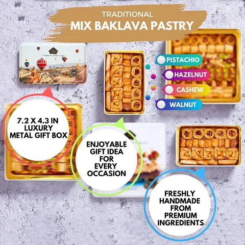 Miniatura 2 de Cerez Pazari Baklava Pastelería de 8.5 onzas, caja de regalo de Baklava con ricos pistachos, nueces, avellanas y anacardos, Shatila Baklava Halal