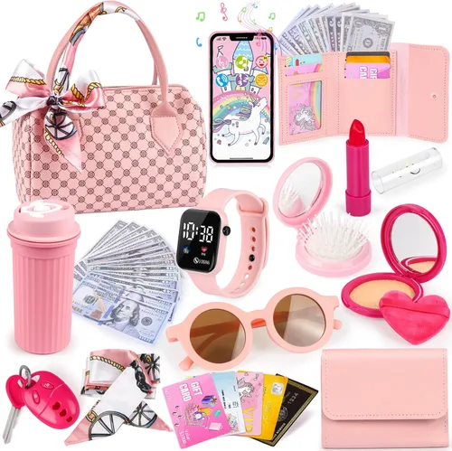 Oisacirg Bolsa de juego para niñas pequeñas, 32 piezas bolso de niña con maquillaje de simulación para niños, juguetes de princesa incluye bolso,
