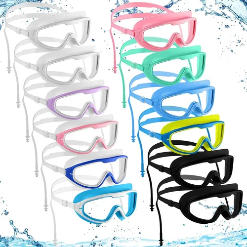 Miniatura 7 de Sabary Paquete de 12 gafas de natación a granel para adultos, visión amplia, sin fugas, antiniebla, gafas de natación con tapones para los oídos