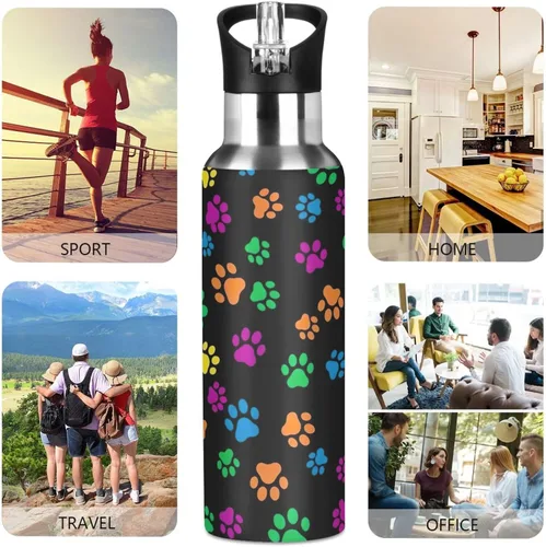 Miniatura 5 de Colorful Dog Paw Prints Stainless Steel Water Bottle 32 Oz, BPA-Free Sports Water Bottle with Straw Leakproof Water Bottles