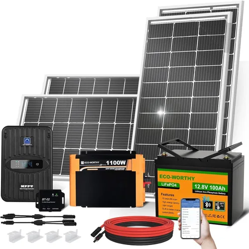 ECO-WORTHY 1.6KWH Complete Solar Panel Kit 400W 12V for RV Off Grid: 4 * 100W Solar Panels + 40A MPPT Charge Controller +12V 100Ah Lithium Battery +
