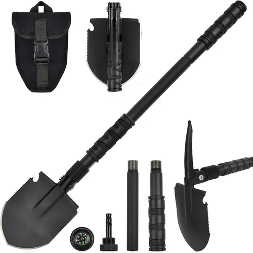Pala de campamento, (24.21 pulgadas) Survival Off Road E Tool Pala plegable con pico, bolsa portátil, acero de alto carbono, para excavar,