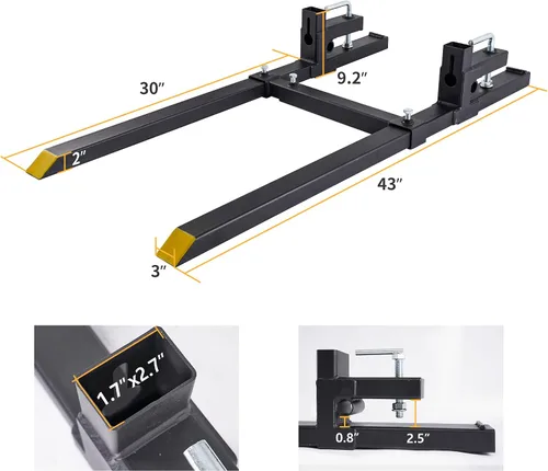 Miniatura 3 de YINTATECH Horquillas de tractor de alta resistencia con abrazadera de 43 pulgadas y 2000 libras con barra estabilizadora ajustable para accesorios