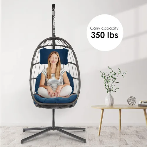 Miniatura 5 de Silla de huevo con soporte – Silla colgante de huevo de mimbre de ratán para dormitorio interior y exterior – Marco de aluminio resistente a la Azul