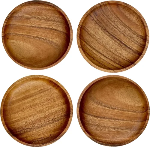 Miniatura 6 de Juego de 4 platos de madera de acacia, redondos de 6 pulgadas, postre de madera maciza de 1 pulgada de grosor, platos laterales y aperitivos