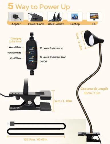 Miniatura 5 de LiFMIRA - Luz con clip USB para leer, luz de lectura con 3 modos de color, 10 niveles de brillo, luz de abrazadera para cuidar los ojos, luz de Negro