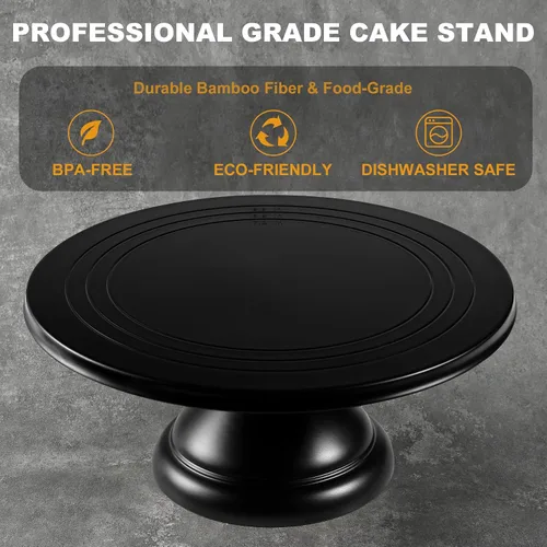 Miniatura 5 de ECOWAY Soporte de fibra de bambú para tartas de 12 pulgadas con espátula para pasteles, soporte redondo negro para cupcakes, soporte grande