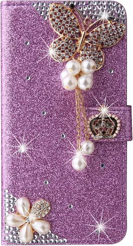 Miniatura 7 de XYX Funda tipo cartera para Samsung Galaxy A32 5G, Bling Glitter Crown Butterfly Diamond Flip Card Slot Luxury Girl Women Phone Cover - Negro
