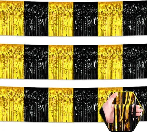 Paquete de 3 guirnaldas largas de flecos metálicos de aluminio negro dorado para colgar en la pared, Día de la Madre, Pascua, flotadores de desfile,