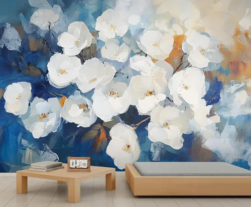 Miniatura 13 de Mural de pared floral retro, papel tapiz rústico floral de bar, flores abstractas 3D, impermeable, para cafetería, restaurante, sala de estar