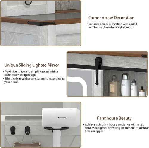 Miniatura 8 de Farmhouse Makeup Vanity Desk with Sliding Mirror and Lights, 42 Wood Vanity Table Set with Glass Top, Power Outlets, Jewelry Storage Cabinet, 4