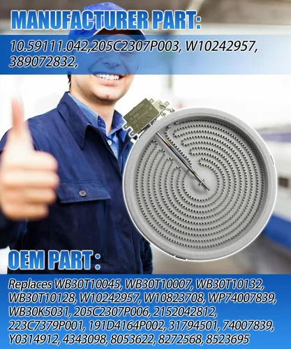 Miniatura 3 de WB30T10045 WPW10242957 Elemento de Superficie Radiante Simple para Horno de Cocina 8" 2000 Vatios Compatible con Quemador de Estufa GE Reemplaza