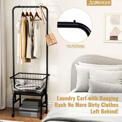 Miniatura 7 de ALIMORDEN Carro de lavandería con estante para ropa, carrito de lavandería rodante con estante de almacenamiento de alambre, Negro