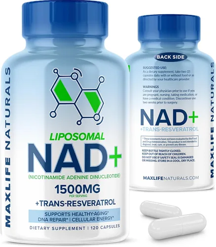 MaxLife Naturals Suplemento liposomal NAD+ de 1500 mg con trans-resveratrol - 120 cápsulas NAD+ suplemento de resveratrol para hombres y mujeres,