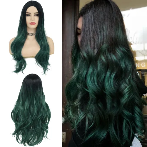 Miniatura 11 de Swiking Pelucas largas de color verde y negro para mujer, pelucas de cabello ondulado natural ombré verde sintético de fibra suave para fiesta