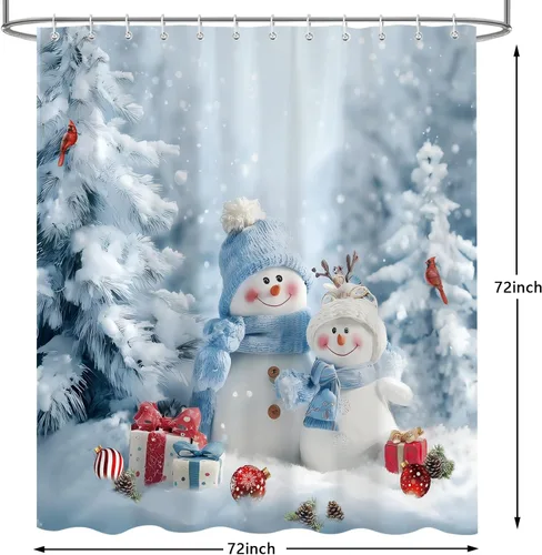 Miniatura 5 de Cortinas de Ducha de Navidad para Baño, Azul Lindo Muñeco de Nieve Árbol de Navidad Invierno Paisaje Natural Juego de Cortinas de Ducha, Tela