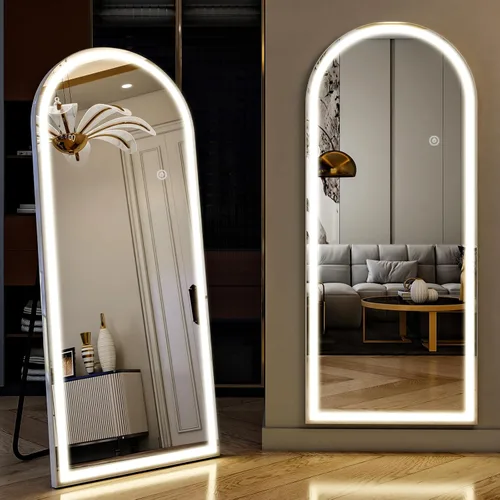 Miniatura 17 de Espejo LED de longitud completa, 30 x 71 pulgadas, espejo de cuerpo completo de vidrio templado con atenuación e iluminación de 3 colores de pie