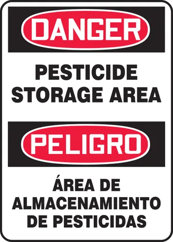 Accuform SBMCAW116VA Aluminum Spanish Bilingual Sign, Legend "Danger Pesticide Storage Area/PELIGRO Area DE ALMACENAMIENTO DE PESTICIDAS", 20"