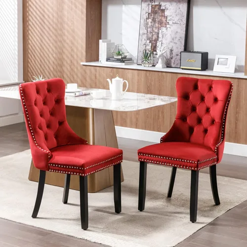 Juego de 2 sillas de comedor de terciopelo, sillas decorativas tapizadas con patas de madera, borde plateado con cabeza de clavo, tirador de anillo