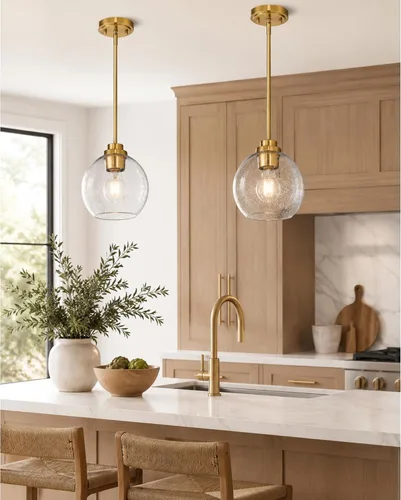 Miniatura 14 de Luces Colgantes de Latón para Isla de Cocina Paquete de 2, Luz Colgante Dorada Estilo Granja con Pantalla de Globo de Vidrio Transparente