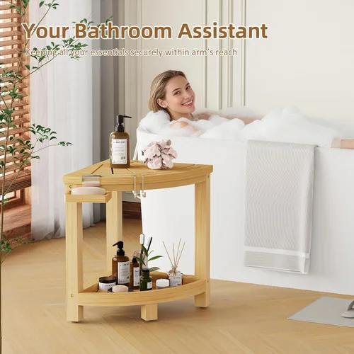 Miniatura 4 de Taburete de ducha esquinero de bambú de 2 niveles para afeitar piernas, banco impermeable con estante de almacenamiento y jabonera, reposapiés