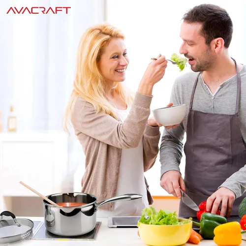 Miniatura 7 de AVACRAFT Cacerola de acero inoxidable de tres capas con tapa coladora de vidrio, dos picos vertedores laterales, cacerola multiusos con tapa, olla