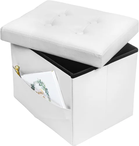 Miniatura 24 de Bsketa Otomana Taburete Reposapiés de Almacenamiento, Banco Pequeño de Otomanas de Almacenamiento de Cuero, Taburete Plegable con Tapa con Asas
