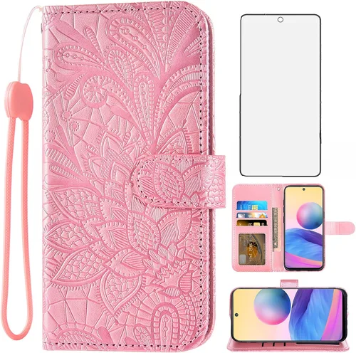 Asuwish Funda de teléfono para Xiaomi Redmi Note 10 5G con protector de pantalla de vidrio templado y cubierta de billetera de encaje Soporte para