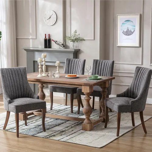Miniatura 2 de Juego de 2 sillas de lino para cocina y comedor, sillas de comedor con canal, tela cómoda, sillas tapizadas para comedor con patas de madera maciza