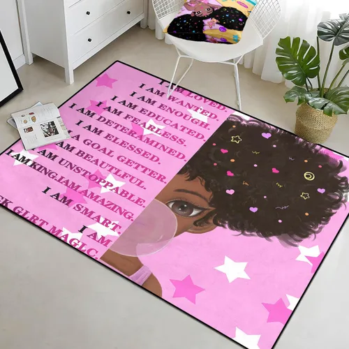 Miniatura 46 de Alfombra de área para dormitorio de niñas negras africanas, alfombra para sala de estar, sala de juegos, azul, lindo anime de dibujos animados
