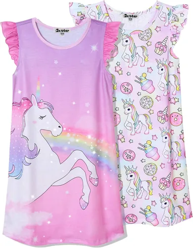 Miniatura 10 de Jxstar Paquete de 2 camisones para niñas, pijamas de manga con vuelo, vestidos de noche de algodón