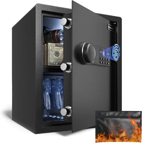 Caja de seguridad biométrica XDeer con bolsa ignífuga, caja de seguridad de acceso rápido con huella dactilar mejorada, caja de seguridad para